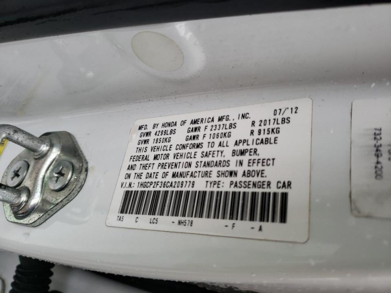Photo 10 from auction – 2012 HONDA ACCORD LX with VIN 1HGCP2F36CA209779