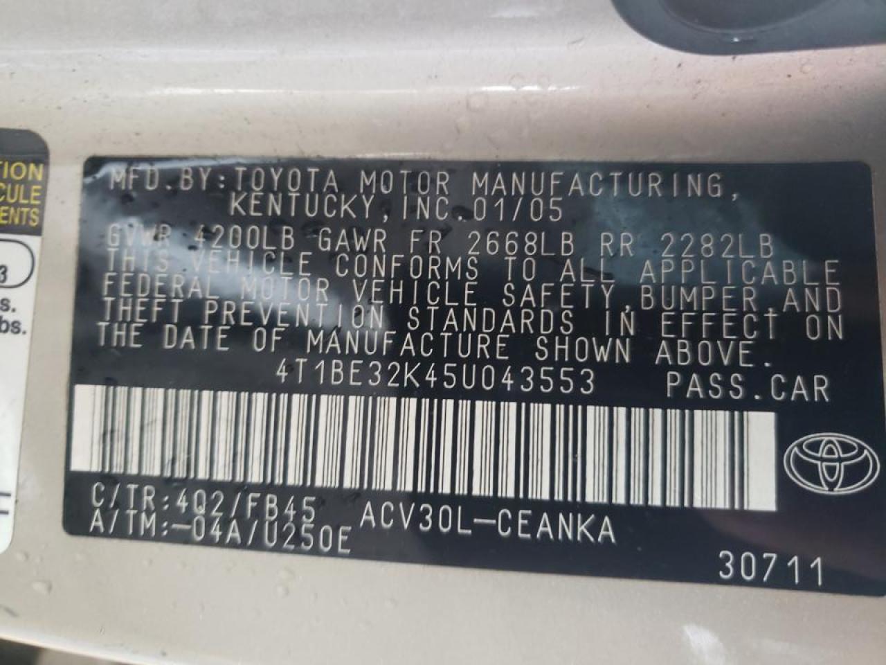 Photo 10 from auction – 2005 TOYOTA CAMRY LE with VIN 4T1BE32K45U043553