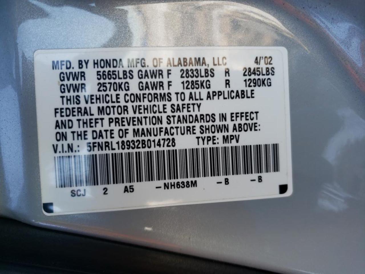 Photo 10 from auction – 2002 HONDA ODYSSEY EX with VIN 5FNRL18932B014728
