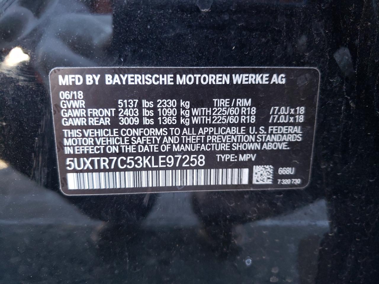 Photo 10 from auction – 2019 BMW X3 SDRIVE3 with VIN 5UXTR7C53KLE97258