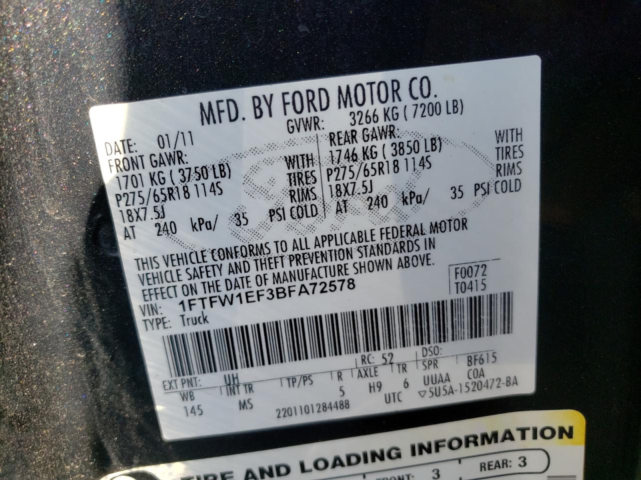 Photo 10 from auction – 2011 FORD F150 SUPER with VIN 1FTFW1EF3BFA72578