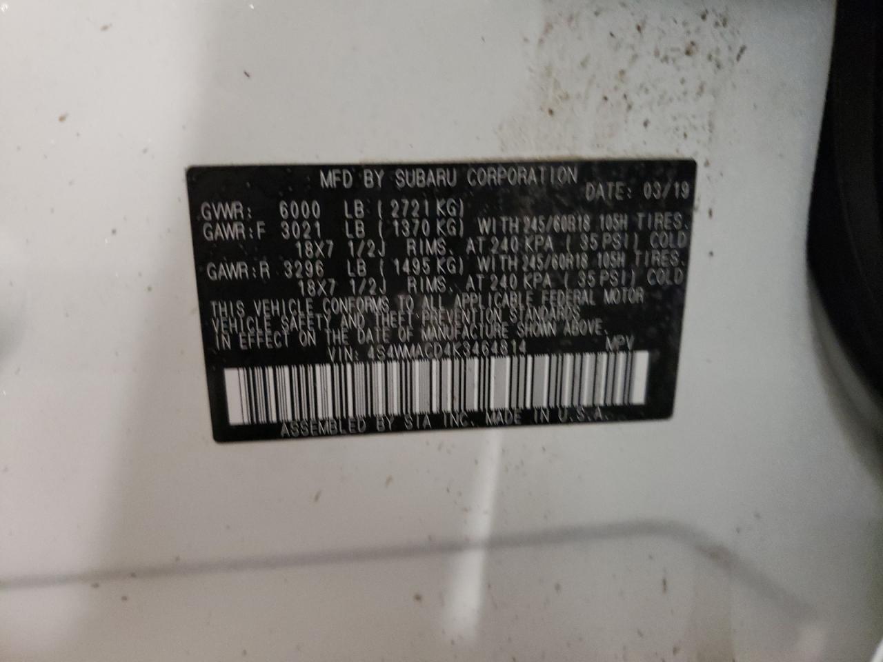 Foto 10 de la subasta – 2019 SUBARU ASCENT PRE con VIN 4S4WMACD4K3464814