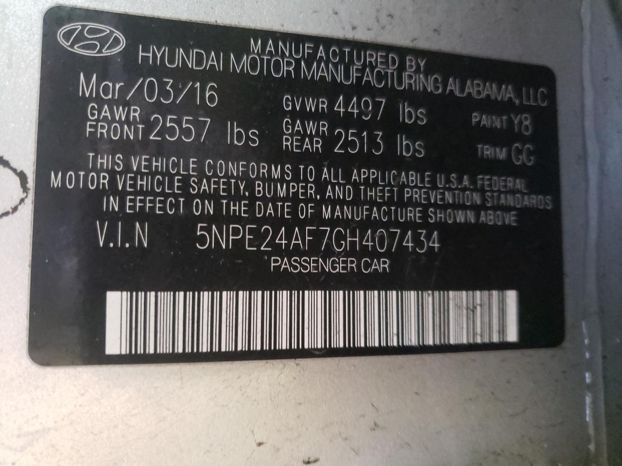 Photo 10 from auction – 2016 HYUNDAI SONATA SE with VIN 5NPE24AF7GH407434