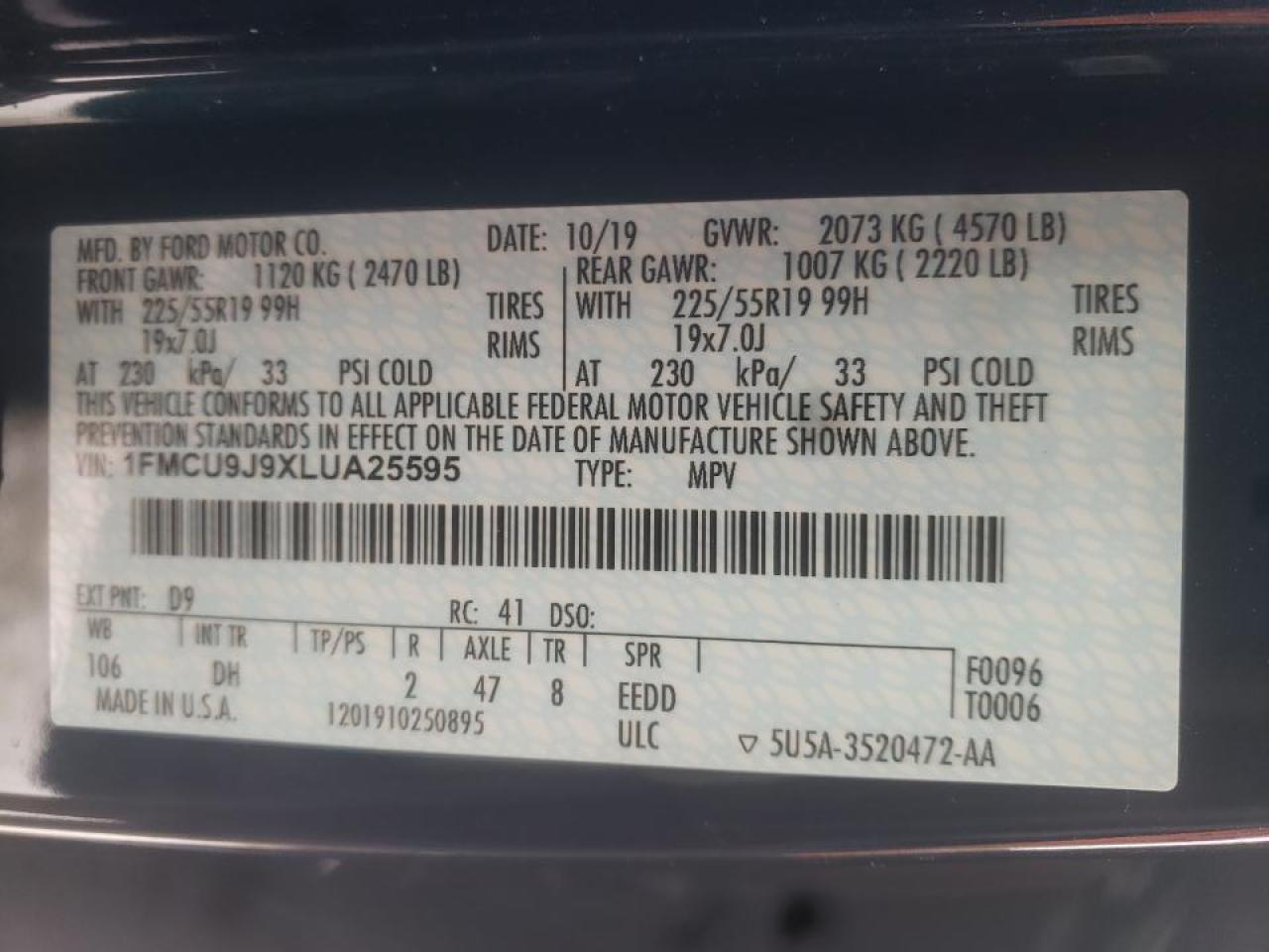 Photo 10 from auction – 2020 FORD ESCAPE TIT with VIN 1FMCU9J9XLUA25595