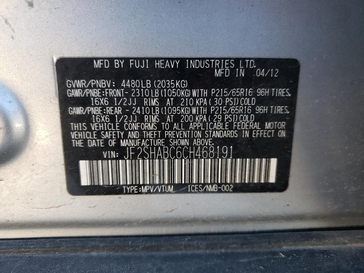 Photo 10 from auction – 2012 SUBARU FORESTER 2 with VIN JF2SHABC6CH468191