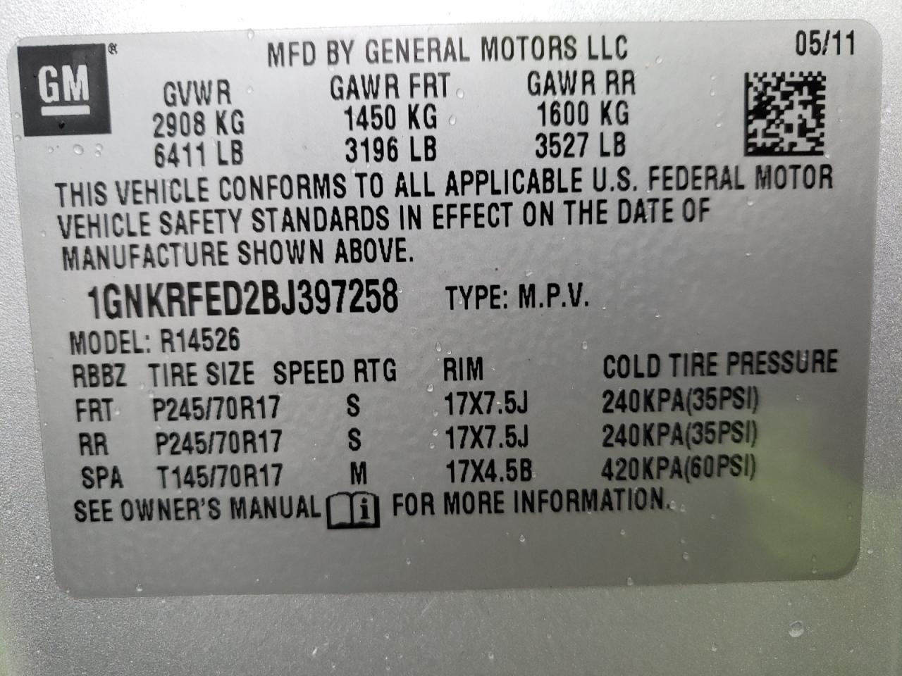 Photo 10 from auction – 2011 CHEVROLET TRAVERSE L with VIN 1GNKRFED2BJ397258