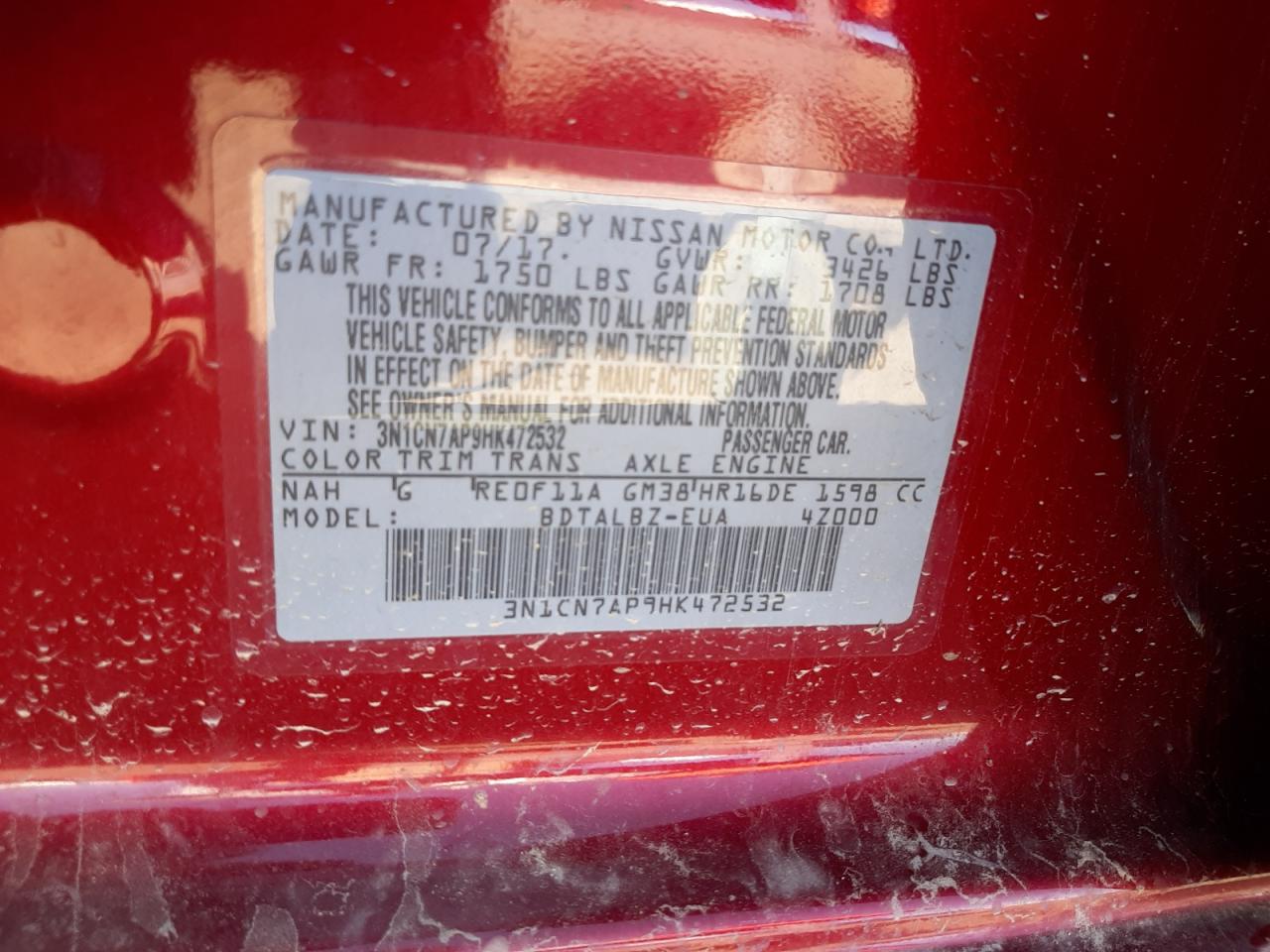 Photo 20 from auction – 2017 NISSAN VERSA S with VIN 3N1CN7AP9HK472532