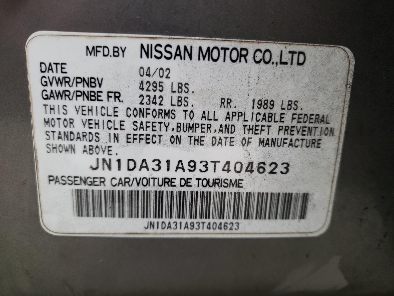 Photo 10 from auction – 2003 NISSAN MAXIMA GLE with VIN JN1DA31A93T404623