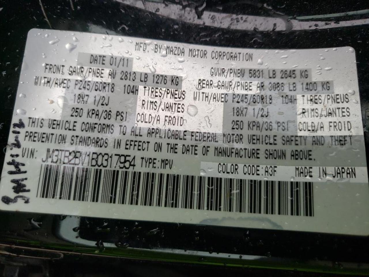 Photo 10 from auction – 2011 MAZDA CX-9 with VIN JM3TB2BV1B0317954