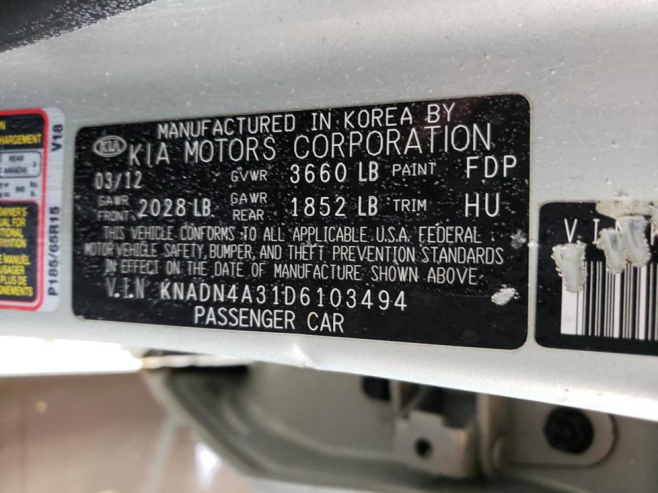Photo 10 from auction – 2013 KIA RIO EX with VIN KNADN4A31D6103494