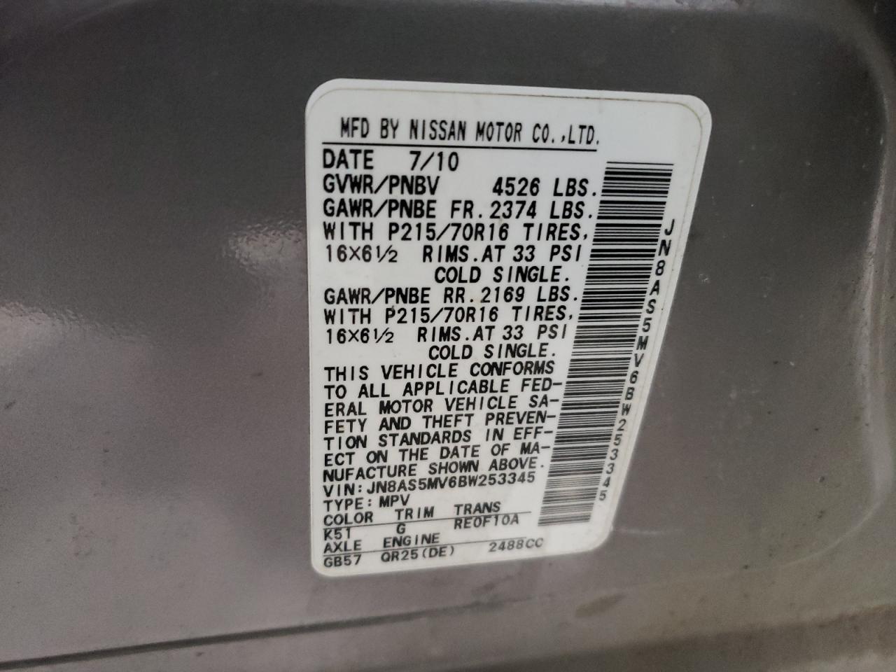 Photo 10 from auction – 2011 NISSAN ROGUE S with VIN JN8AS5MV6BW253345