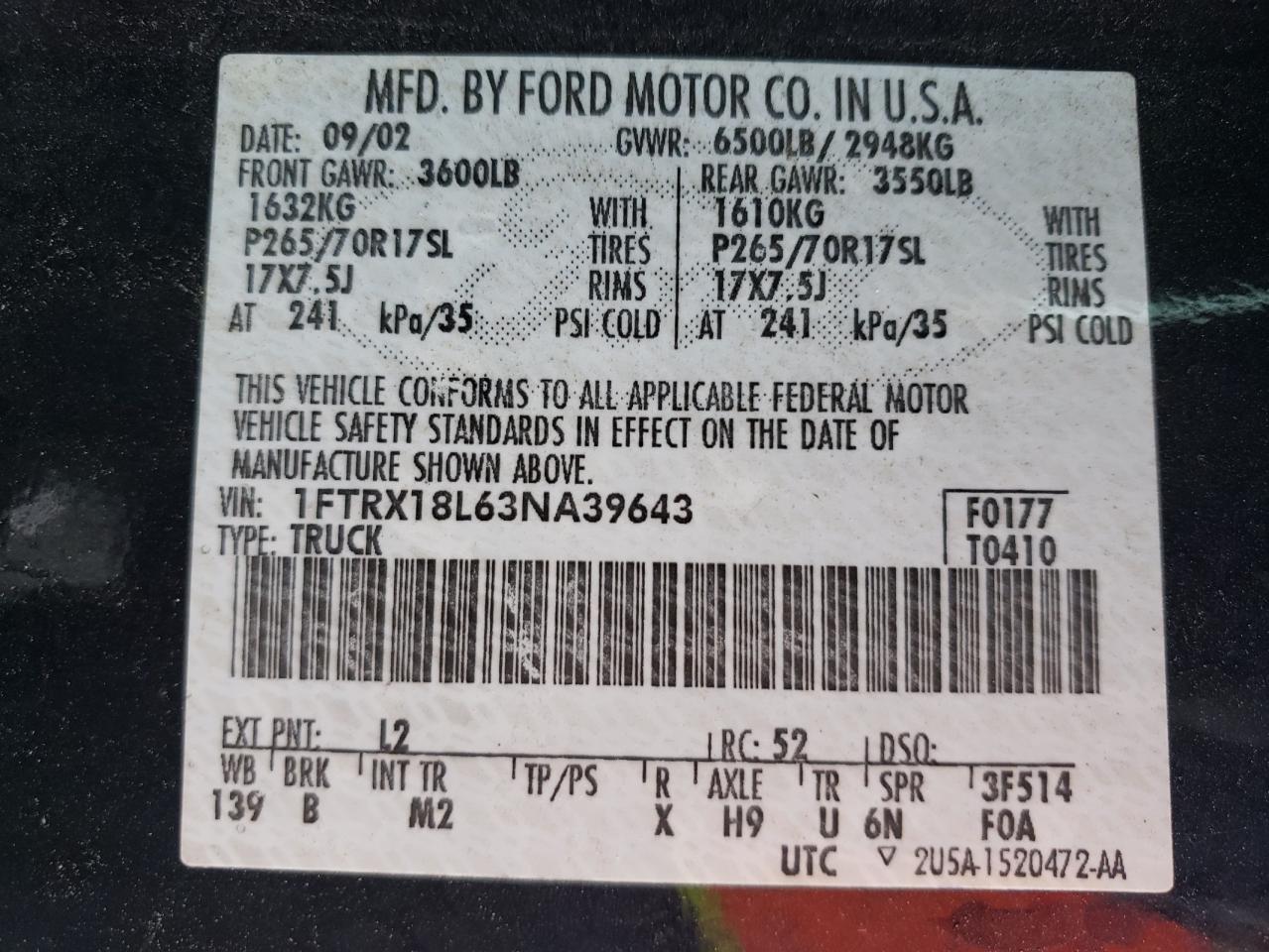 Photo 10 from auction – 2003 FORD F150 with VIN 1FTRX18L63NA39643