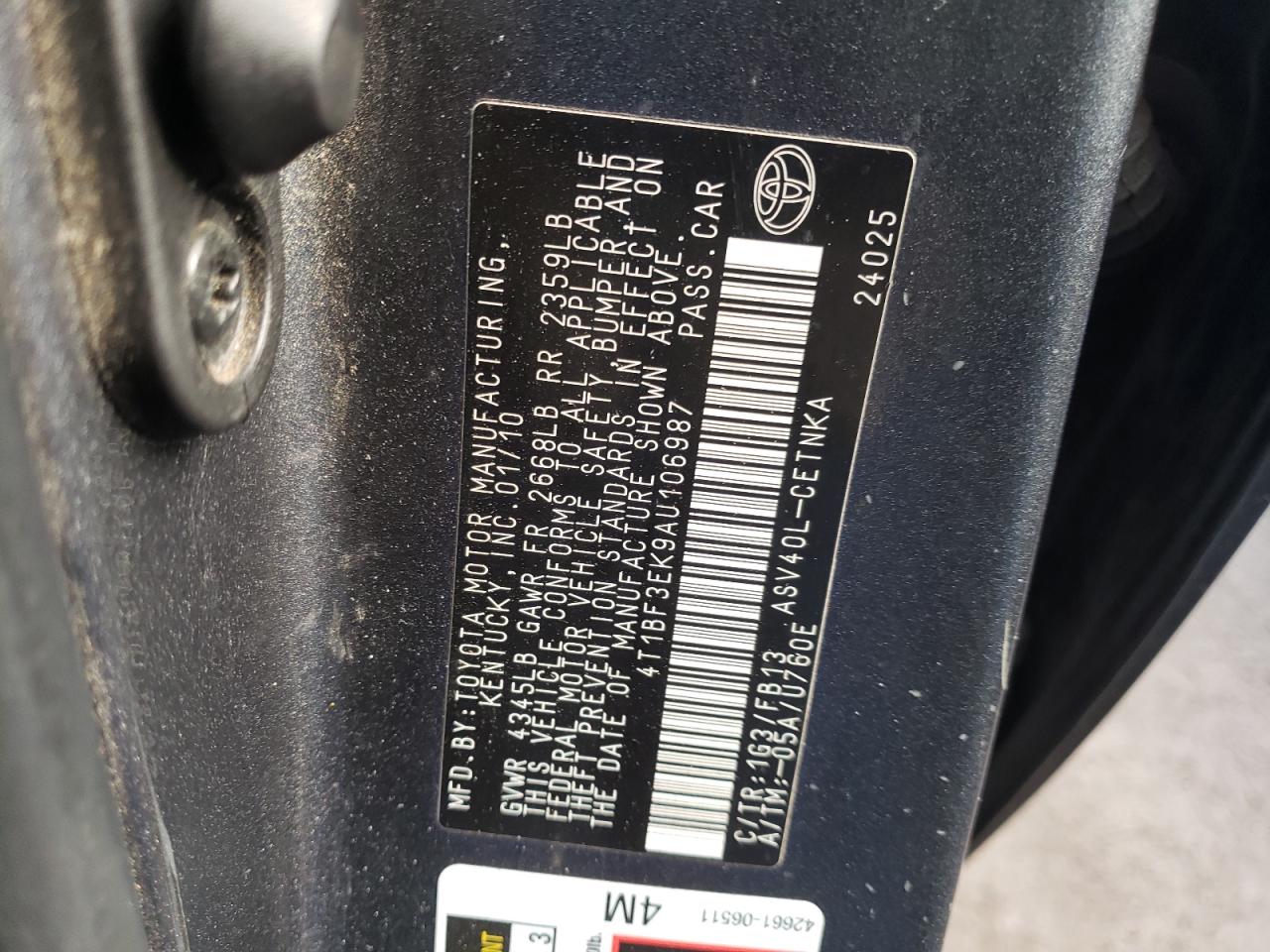 Photo 10 from auction – 2010 TOYOTA CAMRY BASE with VIN 4T1BF3EK9AU106987