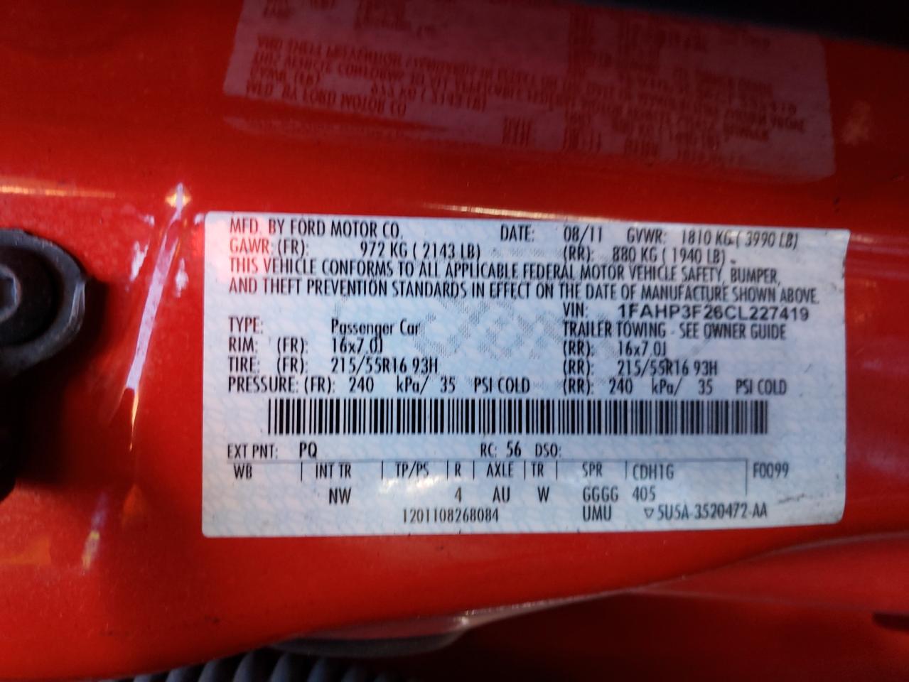 Photo 10 from auction – 2012 FORD FOCUS SE with VIN 1FAHP3F26CL227419