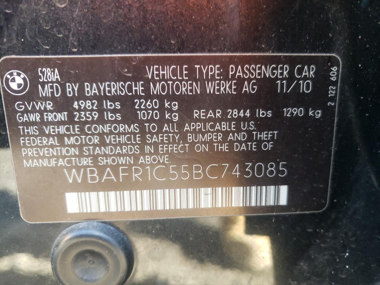 Photo 10 from auction – 2011 BMW 528 I with VIN WBAFR1C55BC743085