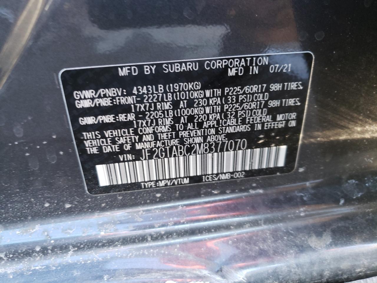 Photo 10 from auction – 2021 SUBARU CROSSTREK with VIN JF2GTABC2M8377070