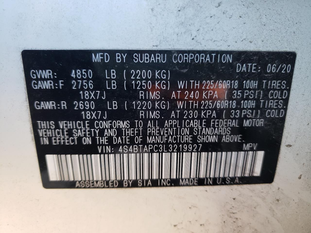 Photo 10 from auction – 2020 SUBARU OUTBACK TO with VIN 4S4BTAPC3L3219927