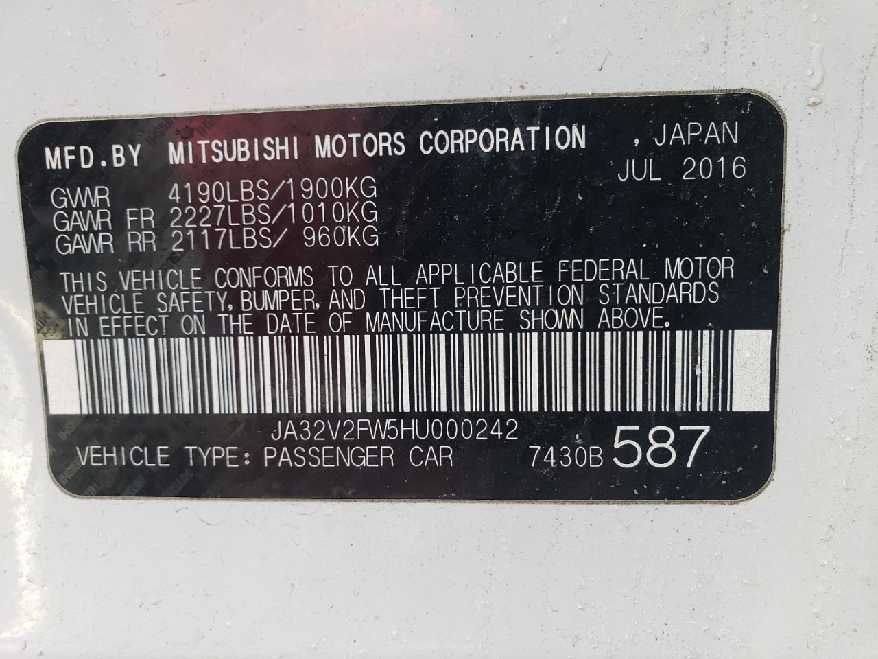 Photo 10 from auction – 2017 MITSUBISHI LANCER ES with VIN JA32V2FW5HU000242