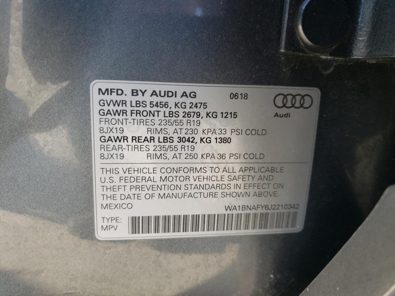 Photo 10 from auction – 2018 AUDI Q5 PREMIUM with VIN WA1BNAFY6J2210342