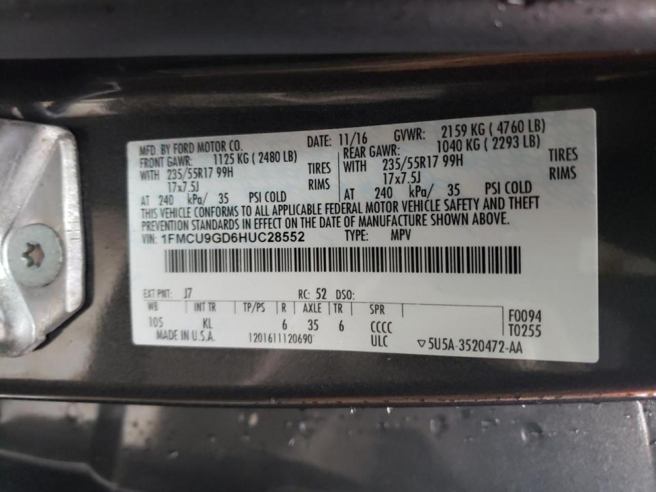Photo 10 from auction – 2017 FORD ESCAPE SE with VIN 1FMCU9GD6HUC28552