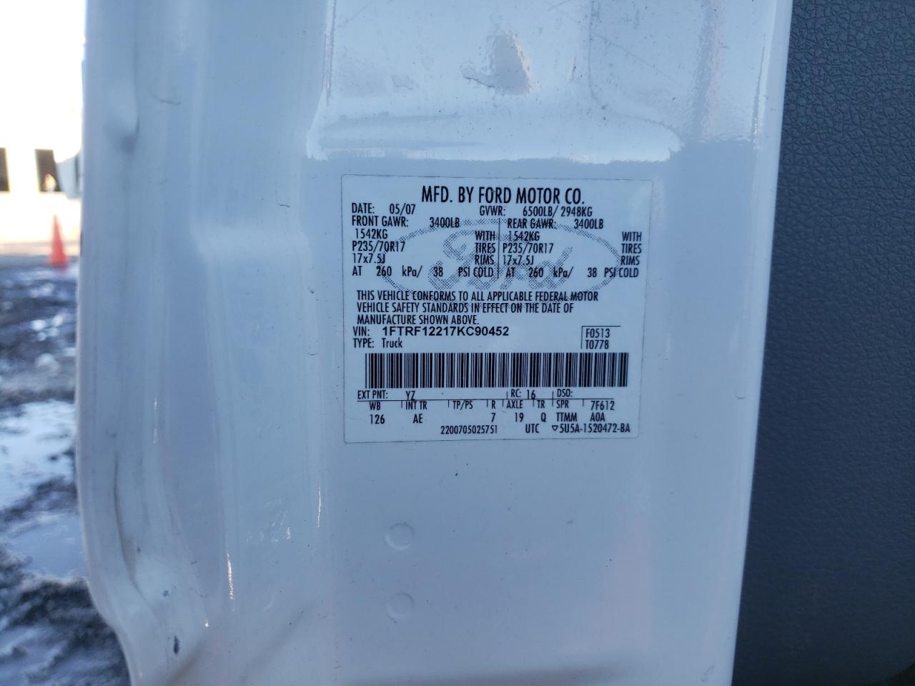 Photo 10 from auction – 2007 FORD F150 with VIN 1FTRF12217KC90452