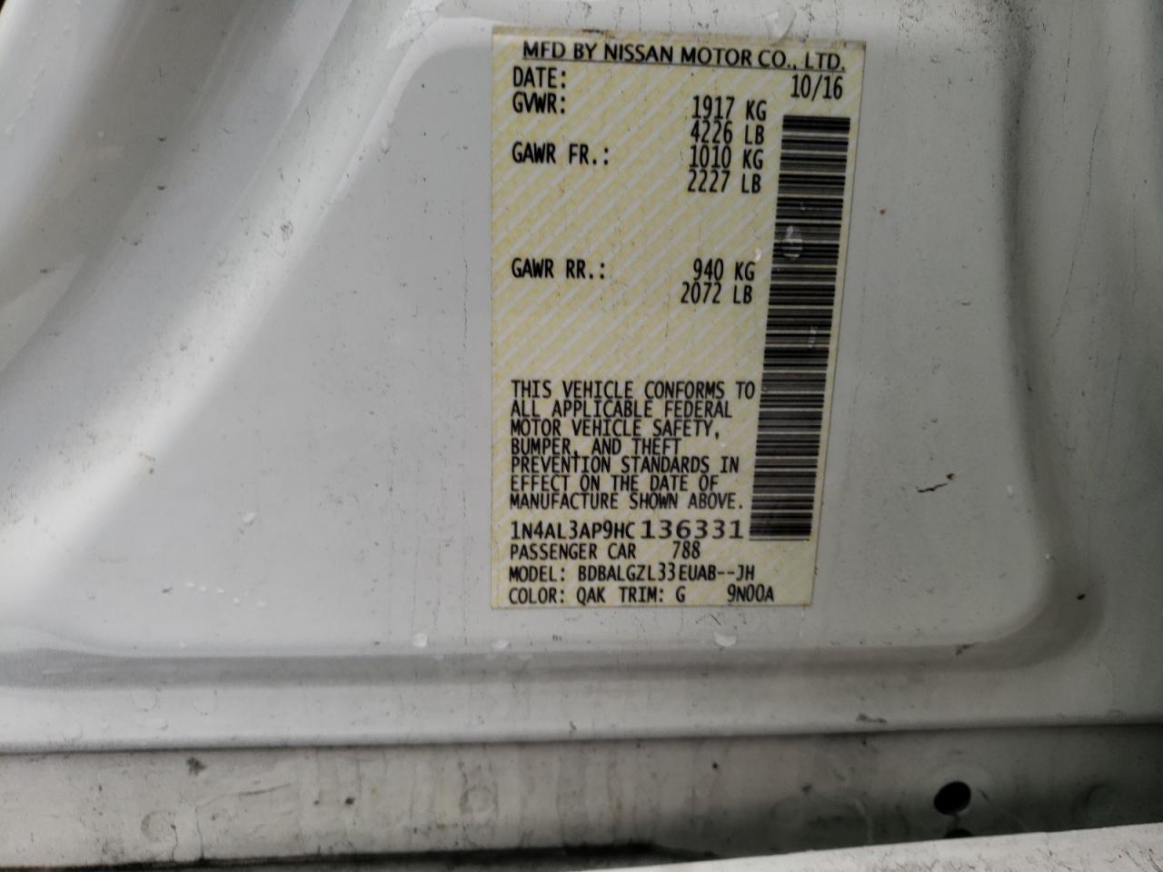 Photo 10 from auction – 2017 NISSAN ALTIMA 2.5 with VIN 1N4AL3AP9HC136331