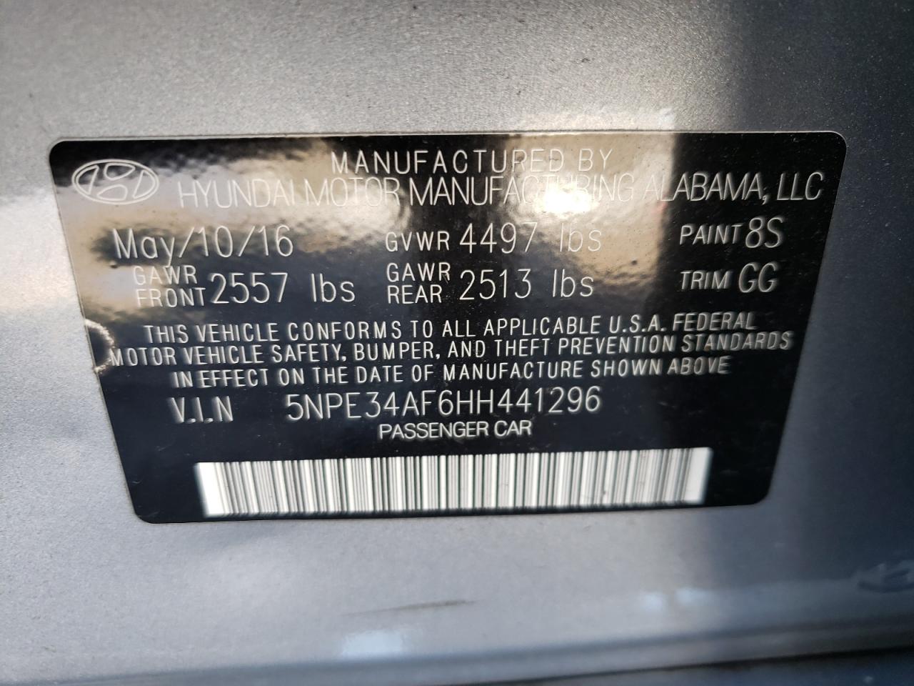 Photo 10 from auction – 2017 HYUNDAI SONATA SPO with VIN 5NPE34AF6HH441296