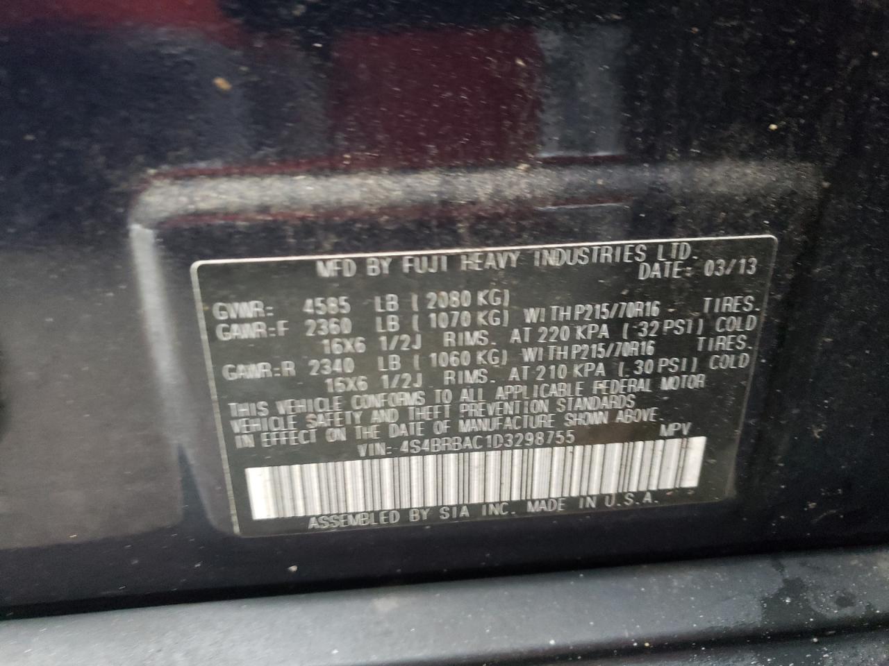 Photo 10 from auction – 2013 SUBARU OUTBACK 2. with VIN 4S4BRBAC1D3298755