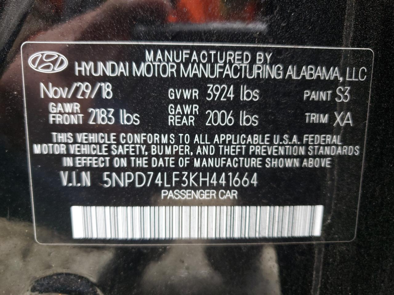 Photo 10 from auction – 2019 HYUNDAI ELANTRA SE with VIN 5NPD74LF3KH441664