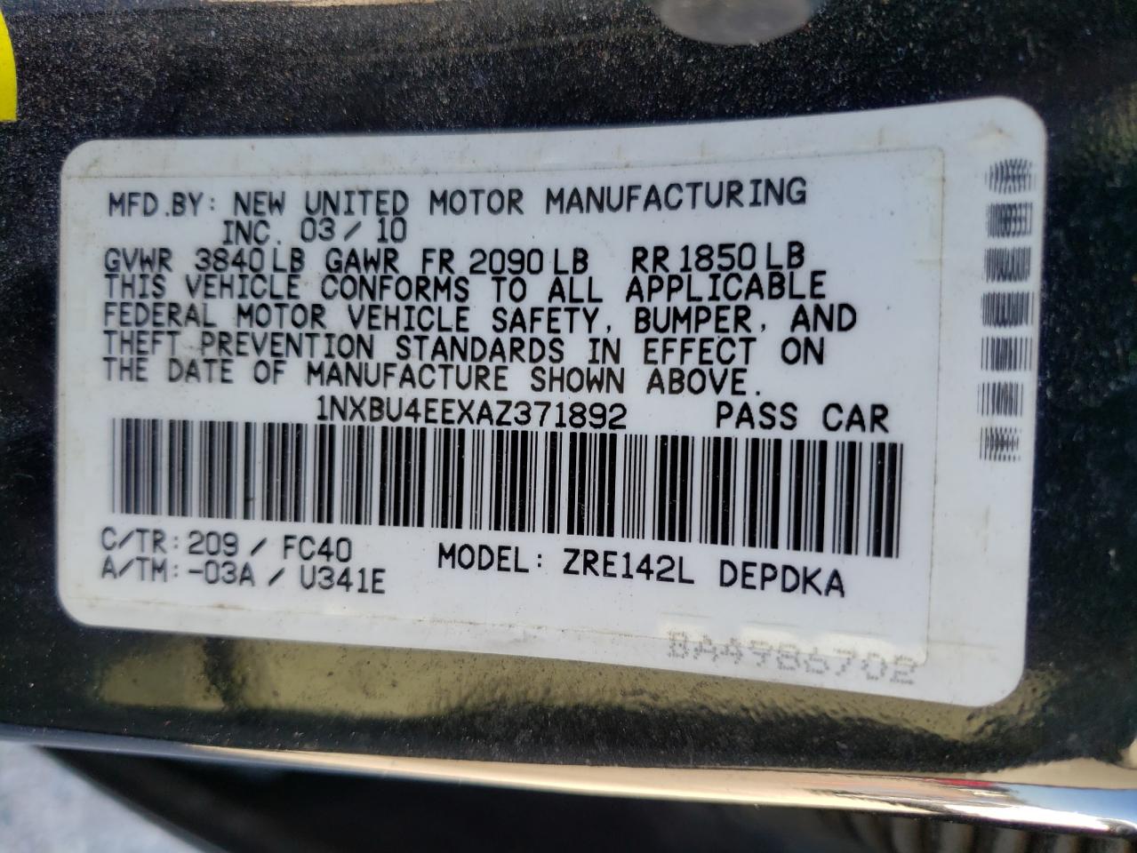 Photo 10 from auction – 2010 TOYOTA COROLLA BA with VIN 1NXBU4EEXAZ371892