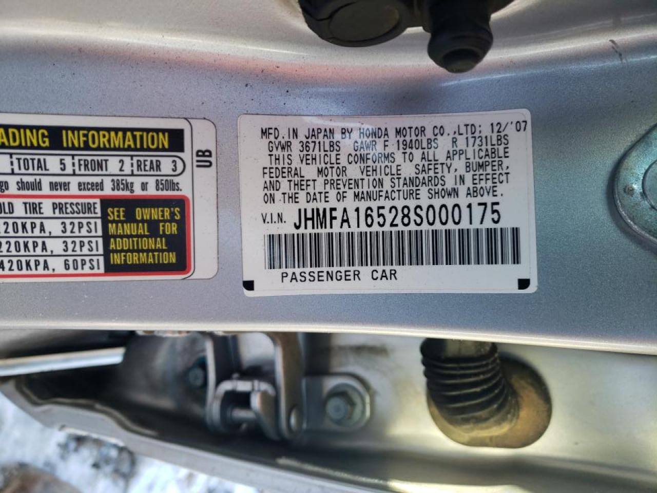 Photo 10 from auction – 2008 HONDA CIVIC LX with VIN JHMFA16528S000175