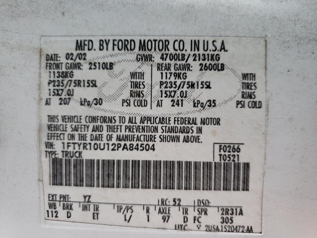 Photo 10 from auction – 2002 FORD RANGER with VIN 1FTYR10U12PA84504