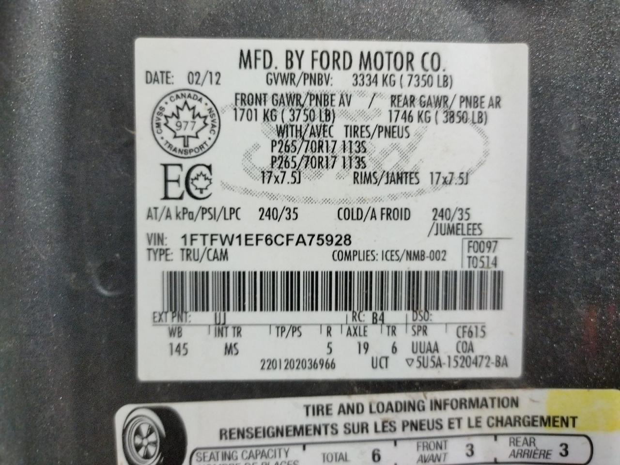 Photo 10 from auction – 2012 FORD F150 SUPER with VIN 1FTFW1EF6CFA75928