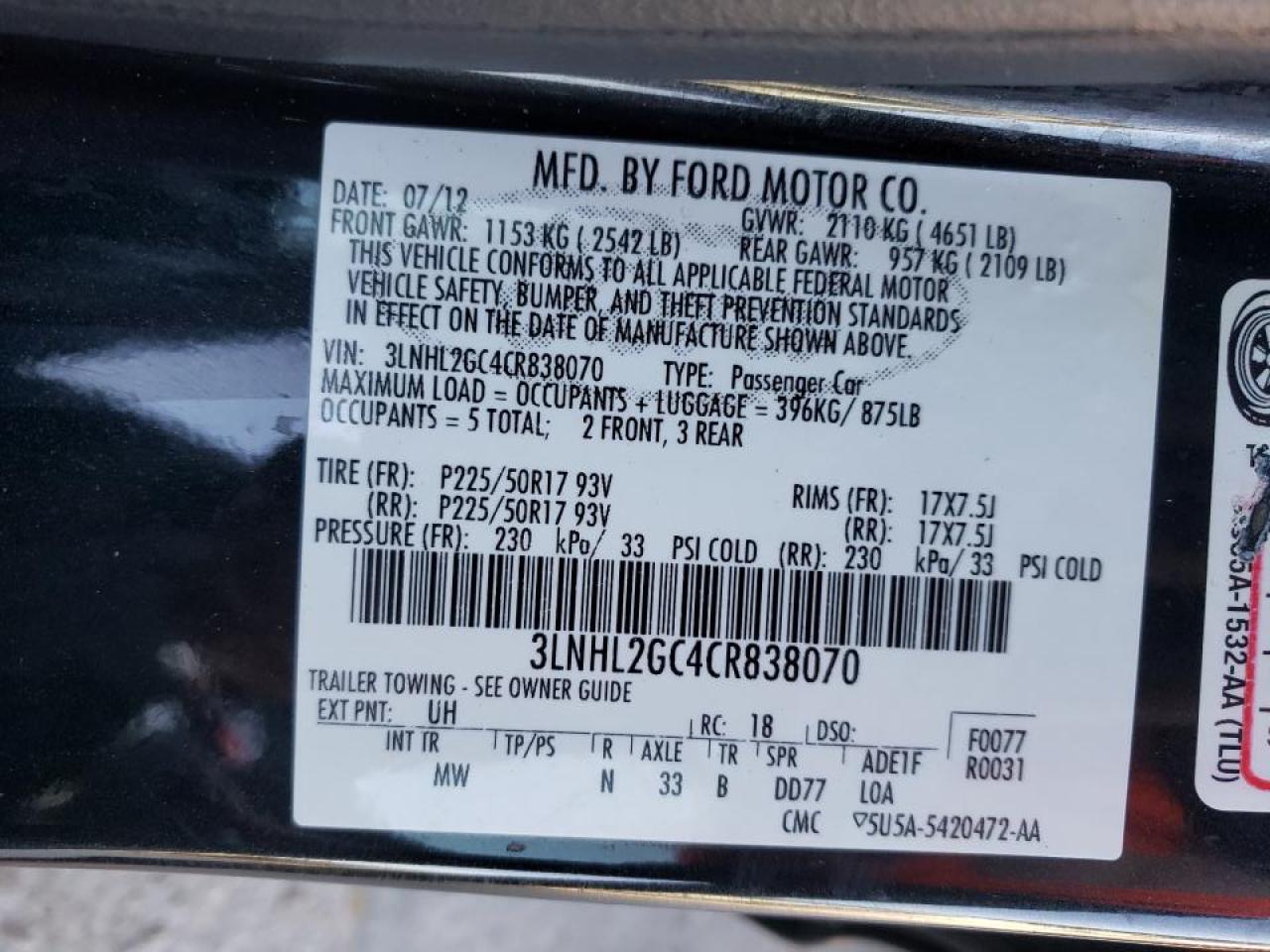 Photo 10 from auction – 2012 LINCOLN MKZ with VIN 3LNHL2GC4CR838070