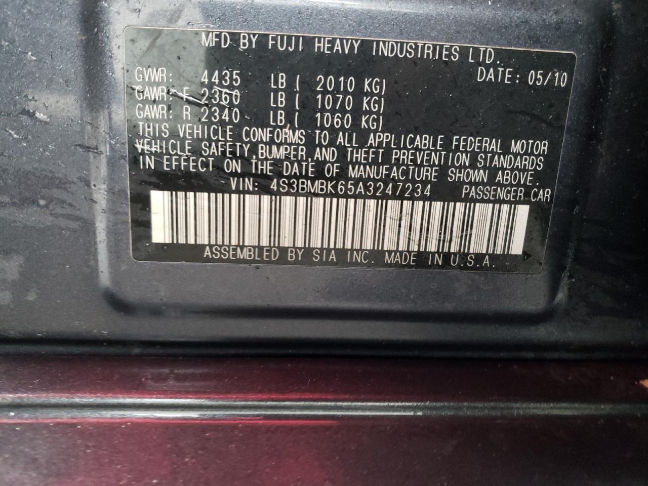 Photo 10 from auction – 2010 SUBARU LEGACY 2.5 with VIN 4S3BMBK65A3247234