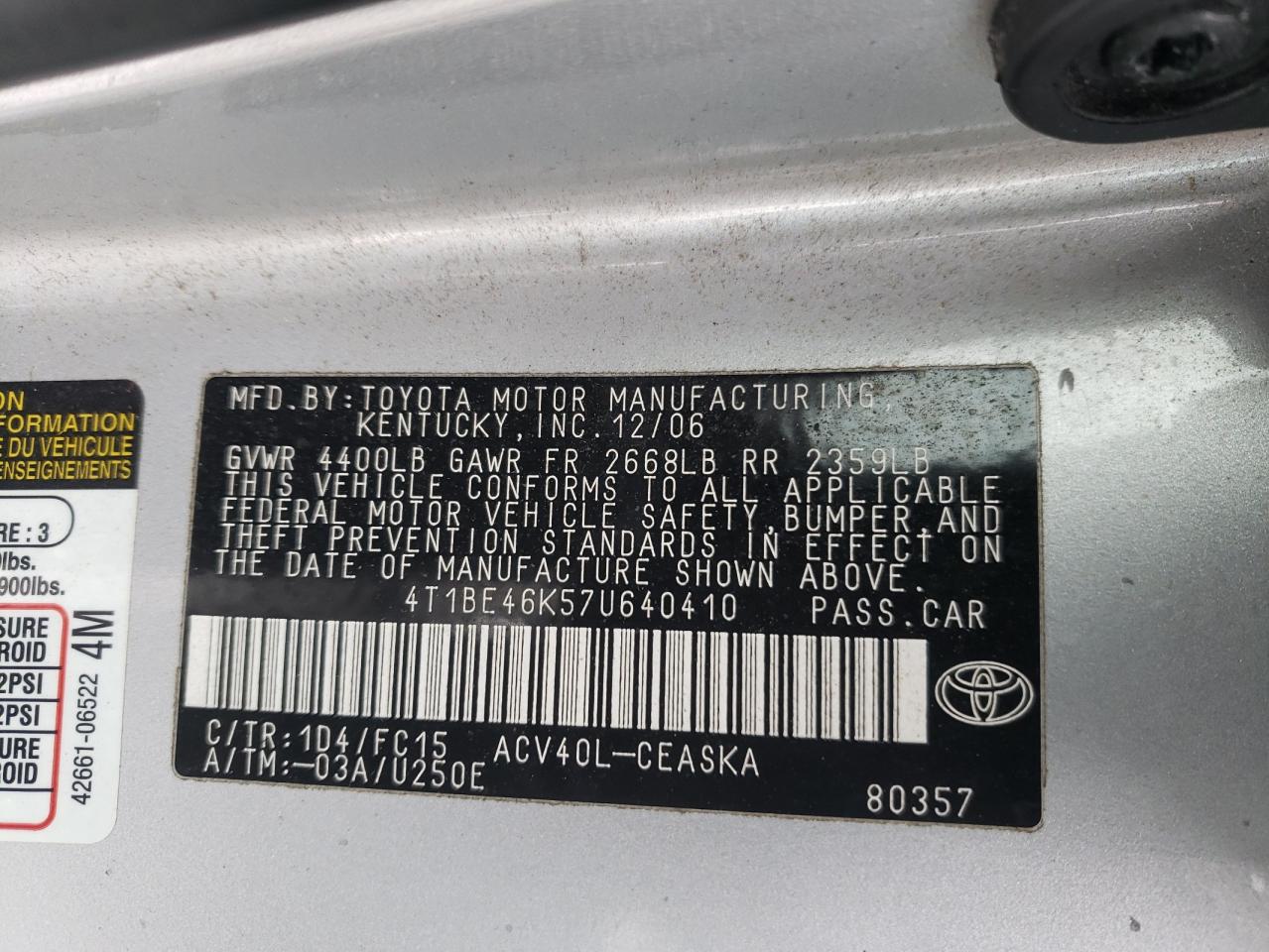 Photo 10 from auction – 2007 TOYOTA CAMRY CE with VIN 4T1BE46K57U640410