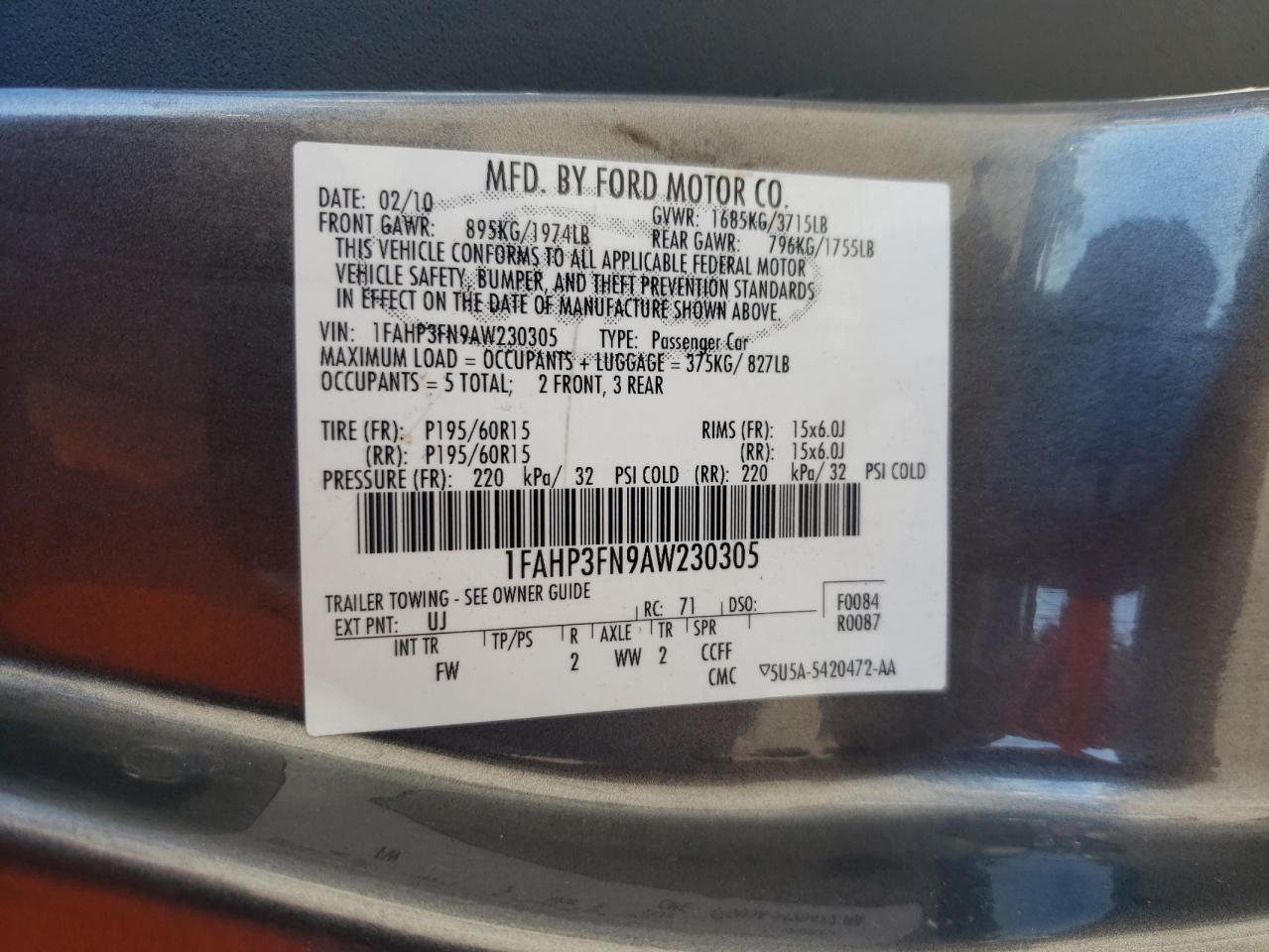 Photo 10 from auction – 2010 FORD FOCUS SE with VIN 1FAHP3FN9AW230305