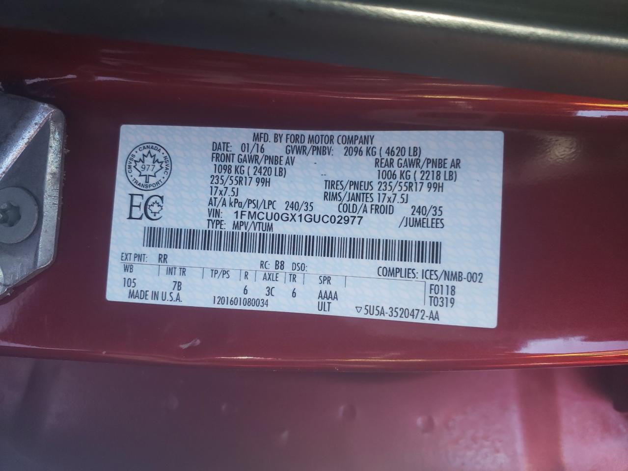 Photo 10 from auction – 2016 FORD ESCAPE SE with VIN 1FMCU0GX1GUC02977