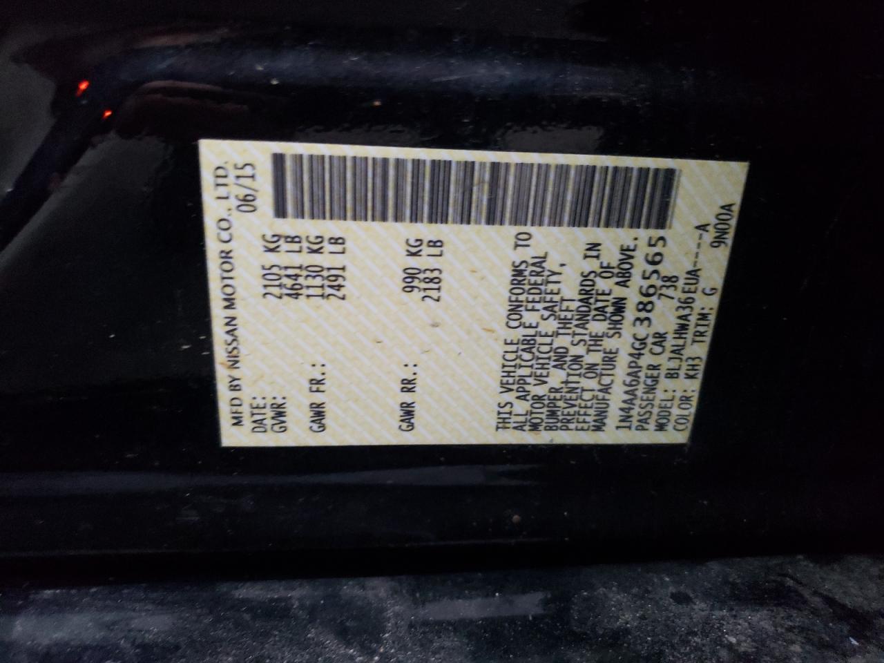 Photo 10 from auction – 2016 NISSAN MAXIMA 3.5 with VIN 1N4AA6AP4GC386565
