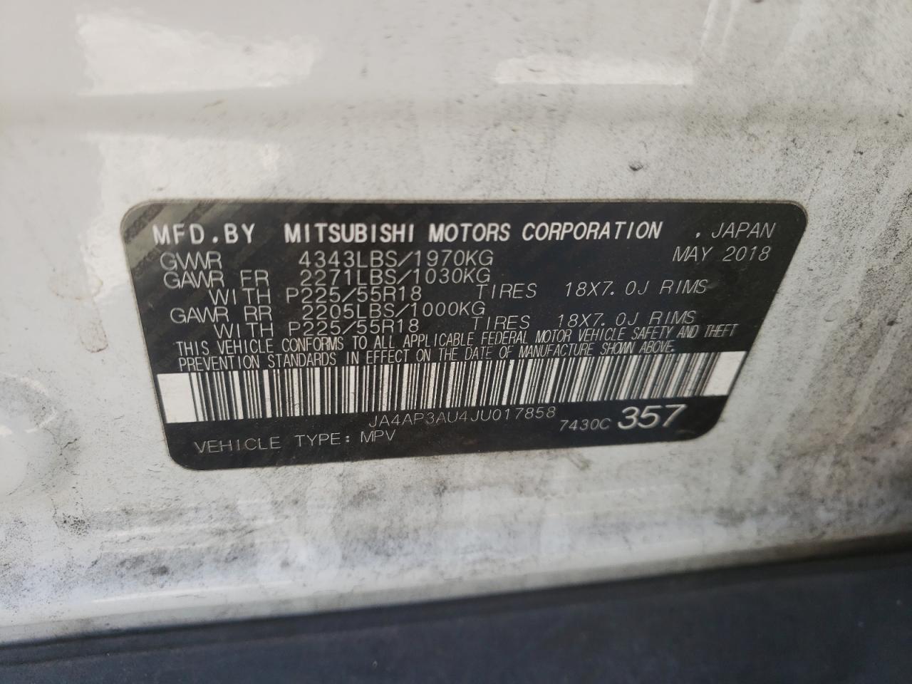 Photo 10 from auction – 2018 MITSUBISHI OUTLANDER with VIN JA4AP3AU4JU017858