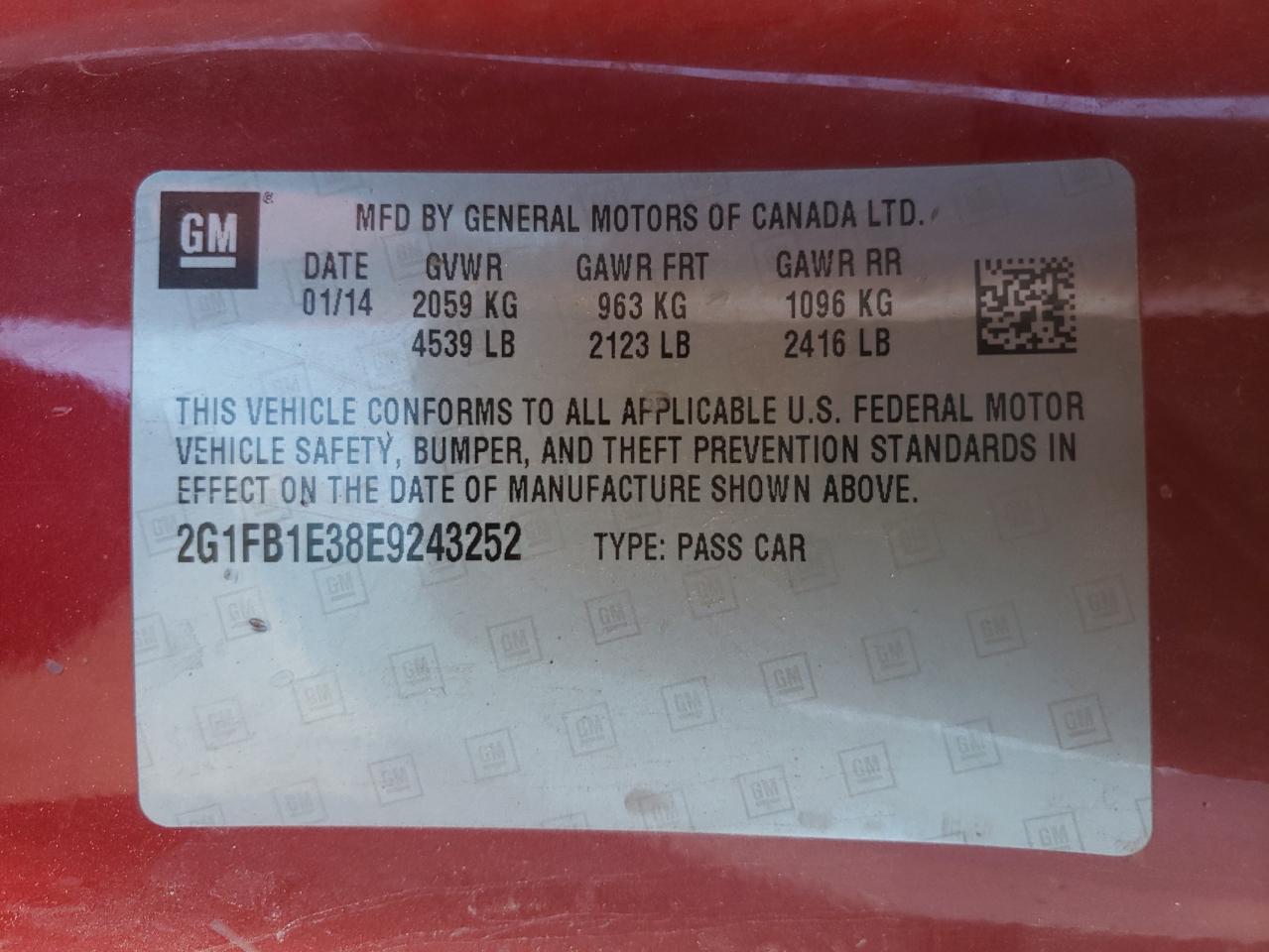 Photo 10 from auction – 2014 CHEVROLET CAMARO LT with VIN 2G1FB1E38E9243252