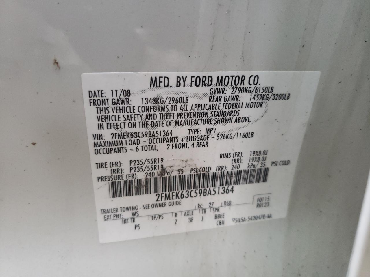 Photo 10 from auction – 2009 FORD FLEX LIMIT with VIN 2FMEK63C59BA51364