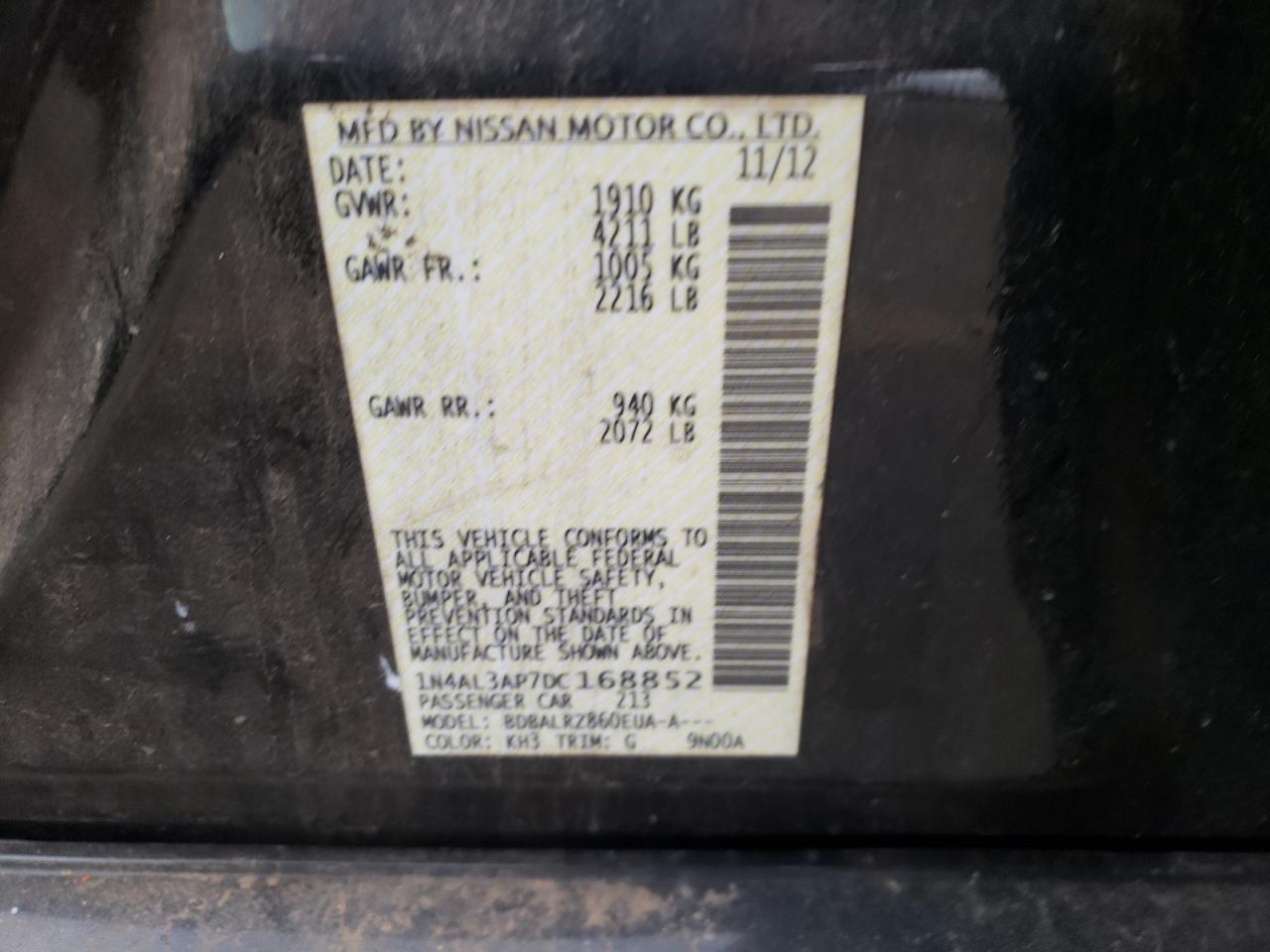 Photo 10 from auction – 2013 NISSAN ALTIMA 2.5 with VIN 1N4AL3AP7DC168852