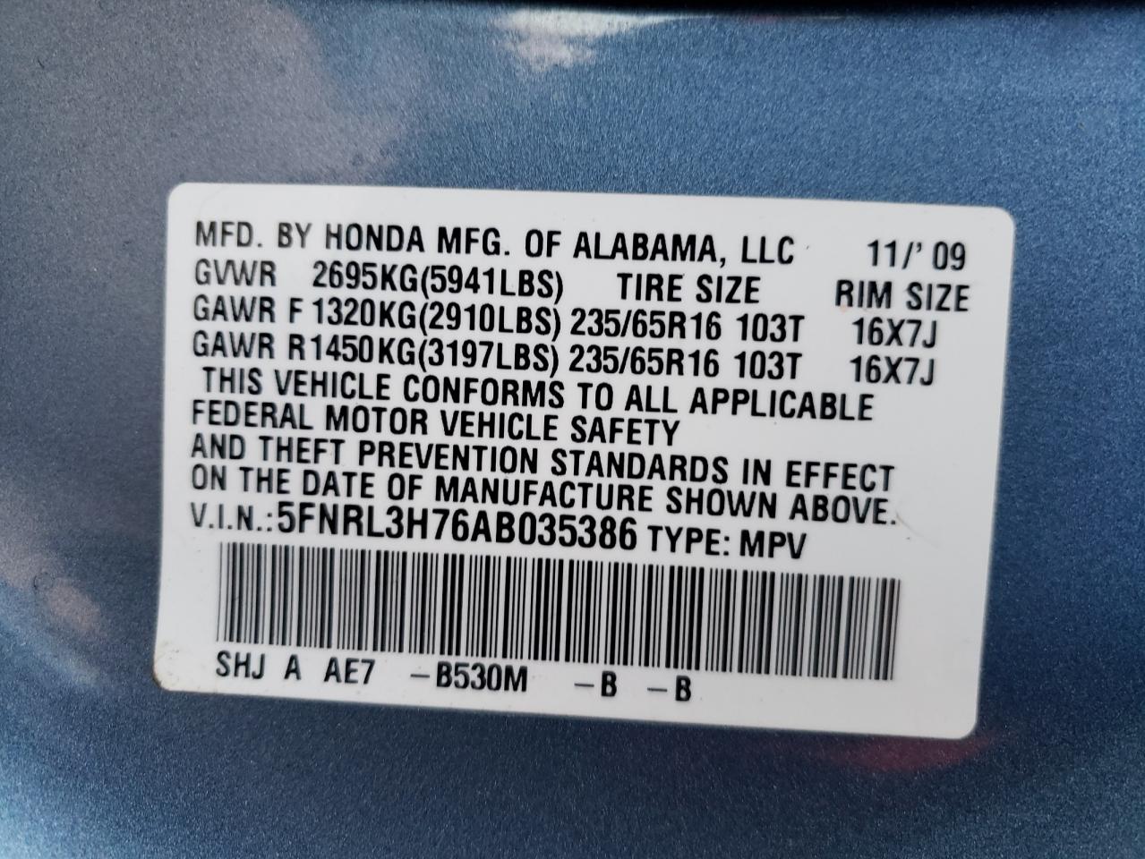 Photo 10 from auction – 2010 HONDA ODYSSEY EX with VIN 5FNRL3H76AB035386