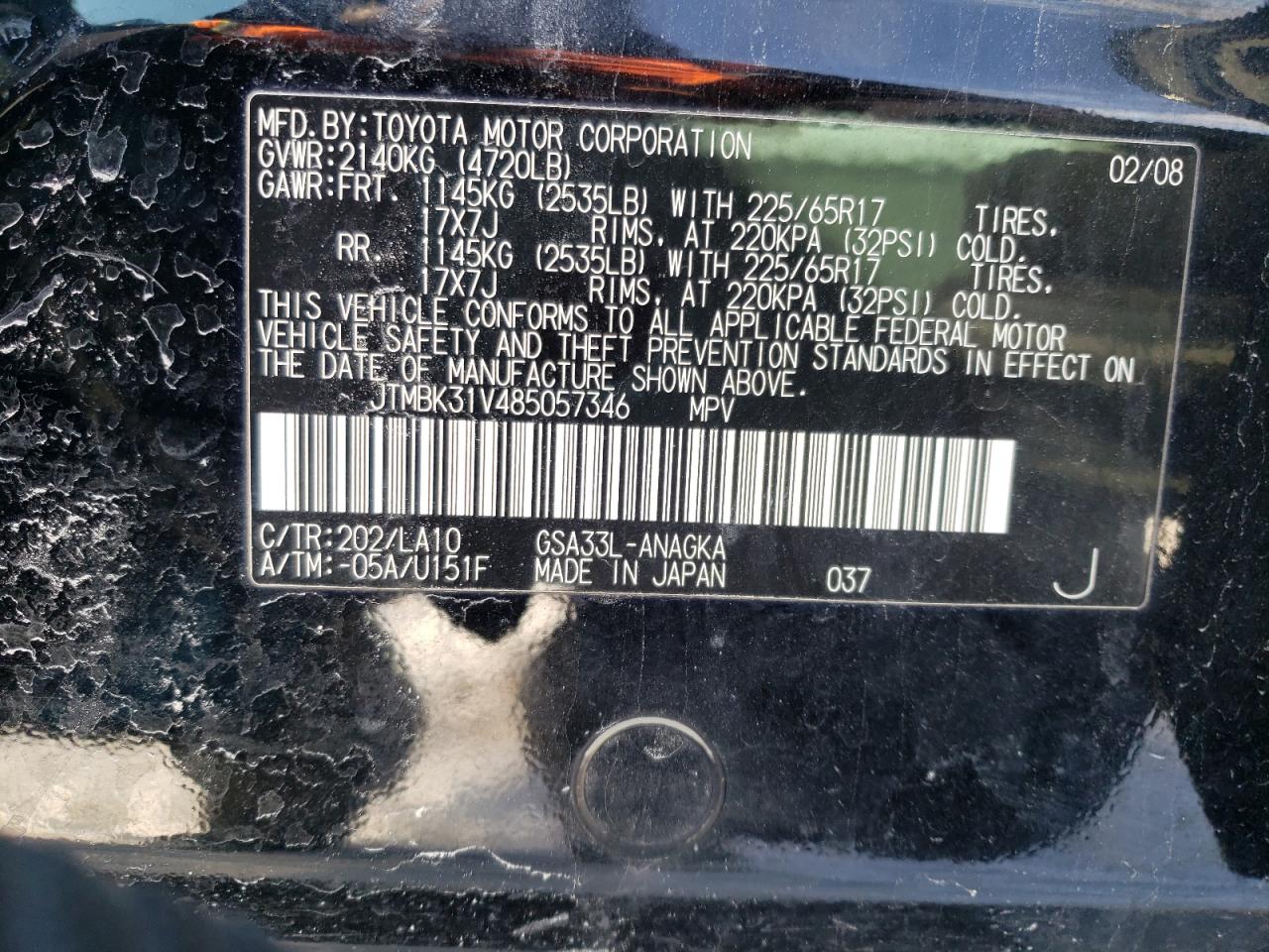 Photo 10 from auction – 2008 TOYOTA RAV4 LIMIT with VIN JTMBK31V485057346