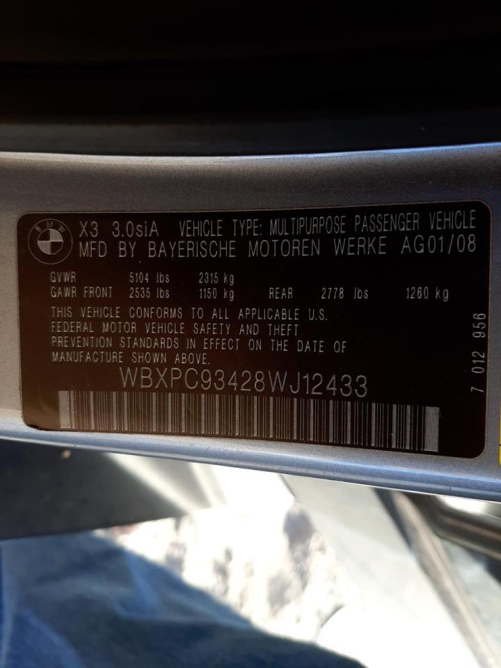 Photo 10 from auction – 2008 BMW X3 3.0SI with VIN WBXPC93428WJ12433