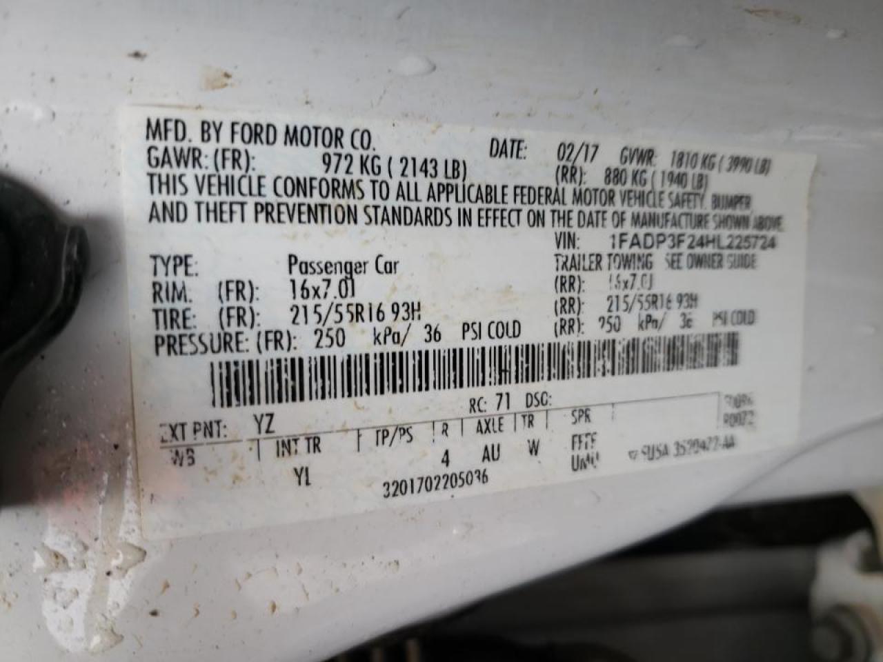 Photo 10 from auction – 2017 FORD FOCUS SE with VIN 1FADP3F24HL225724