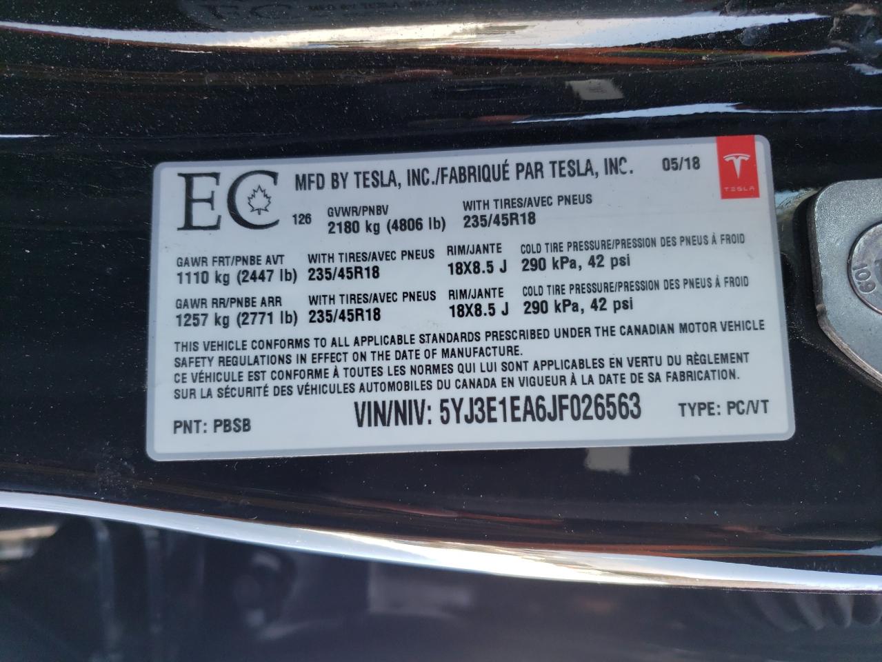 Photo 10 from auction – 2018 TESLA MODEL 3 with VIN 5YJ3E1EA6JF026563