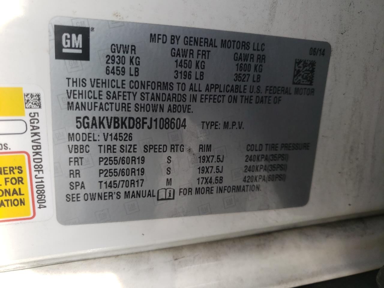 Photo 10 from auction – 2015 BUICK ENCLAVE with VIN 5GAKVBKD8FJ108604