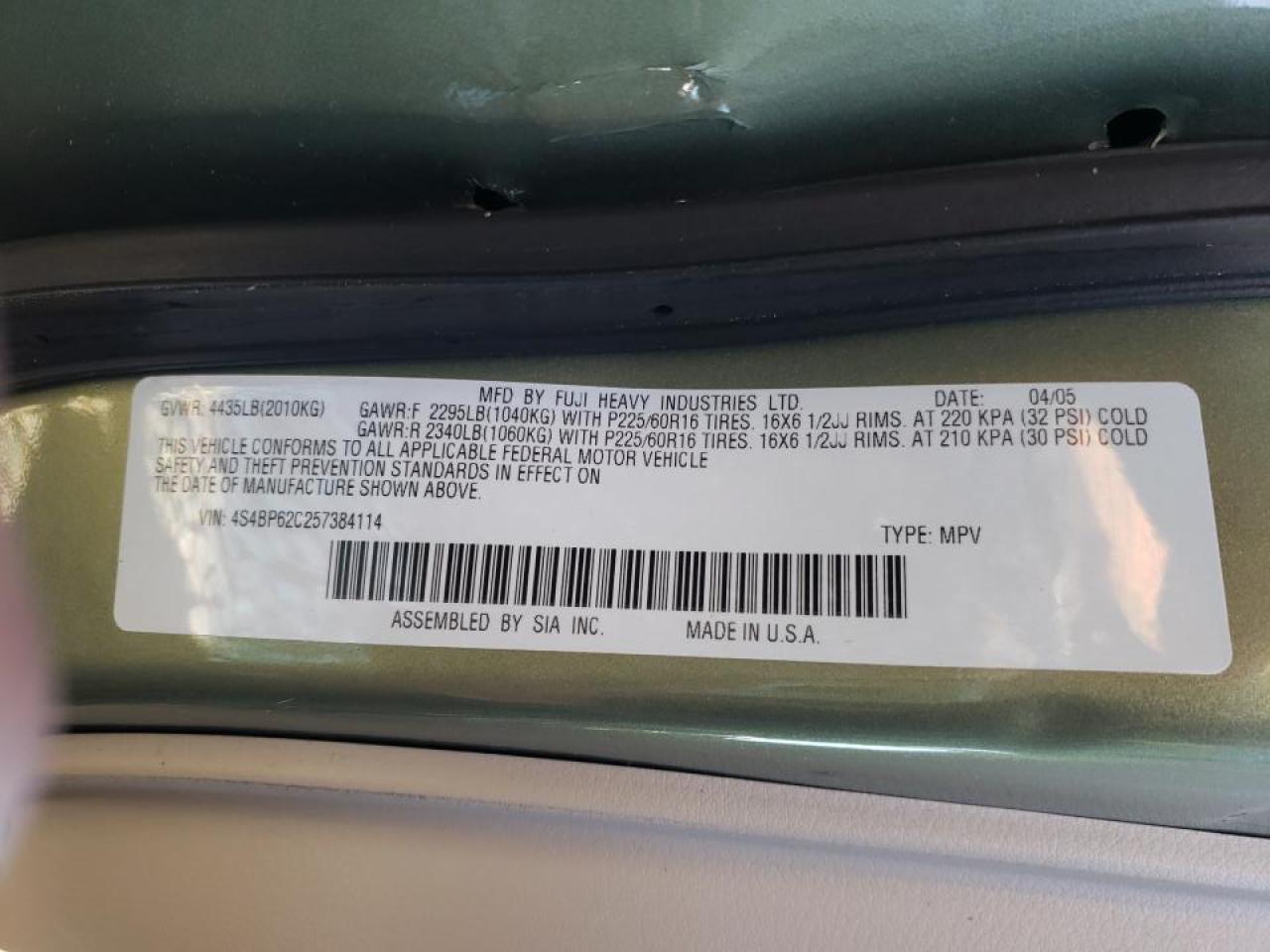 Photo 10 from auction – 2005 SUBARU LEGACY OUT with VIN 4S4BP62C257384114